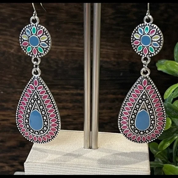 Boho Earrings DOUBLE DROP silver DANGLING TEAR SHAPE multi color Southwest Shine - Picture 3 of 7